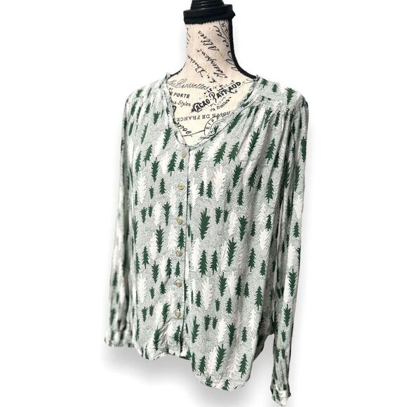 Maeve Anthropologie 4 Green White Blouse Holiday Whimsical Cottagecore Flowy Top - Picture 4 of 12